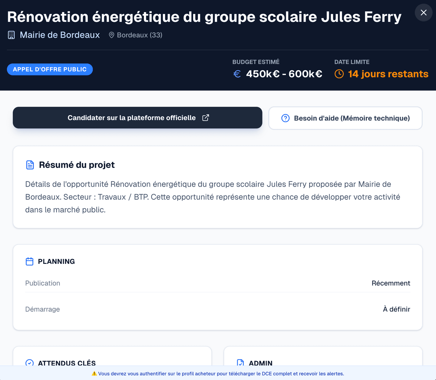Exemple d'une fiche appel d'offres structurée dans Semagora